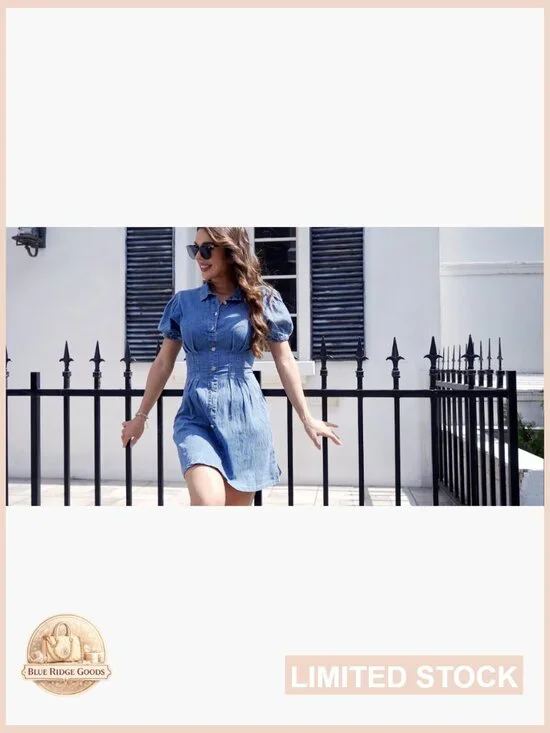 Puff Sleeve Denim Dress Slim Fit Casual Summer Mini A-Line Collared - Picture 7 of 7